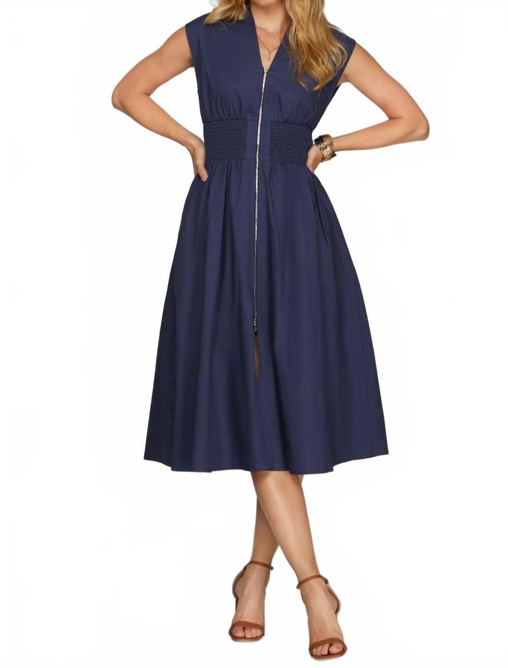 NEW SHE + SKY drop shoulder front zip midi dress in navy